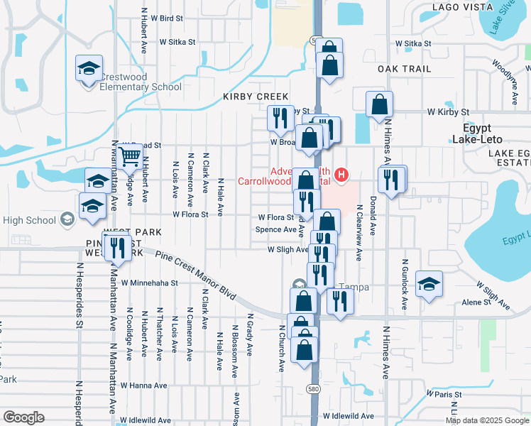 map of restaurants, bars, coffee shops, grocery stores, and more near 3905 West Flora Street in Tampa
