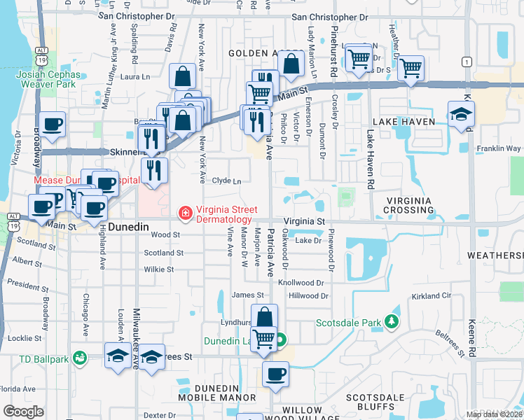 map of restaurants, bars, coffee shops, grocery stores, and more near 820 Patricia Avenue in Dunedin