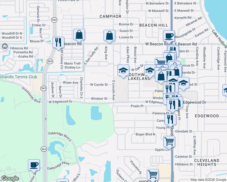 map of restaurants, bars, coffee shops, grocery stores, and more near 2764 South Lincoln Avenue in Lakeland