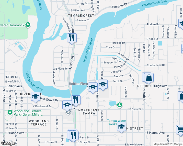 map of restaurants, bars, coffee shops, grocery stores, and more near 7177 East Bank Drive in Tampa
