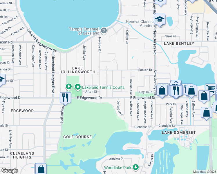 map of restaurants, bars, coffee shops, grocery stores, and more near 1241 Denton Street in Lakeland