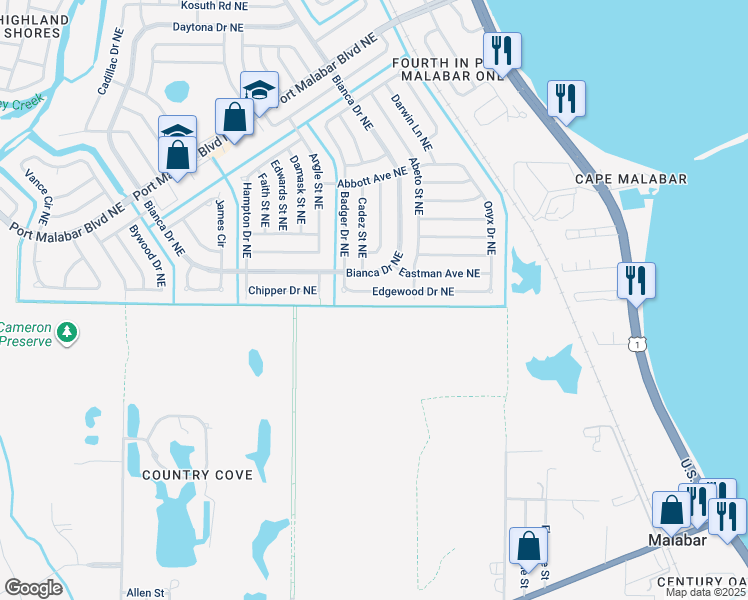map of restaurants, bars, coffee shops, grocery stores, and more near 3098 Edgewood Drive Northeast in Palm Bay
