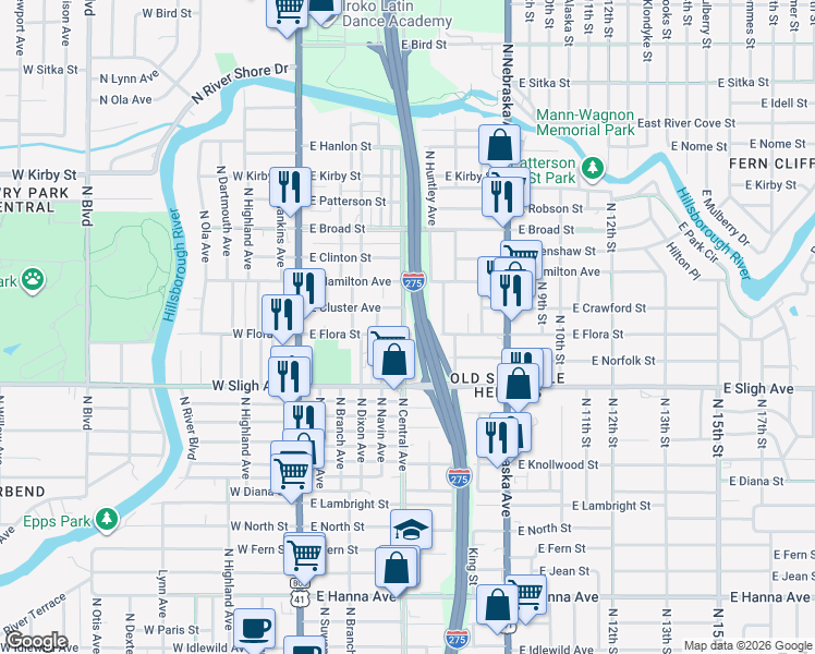 map of restaurants, bars, coffee shops, grocery stores, and more near 7005 North Central Avenue in Tampa
