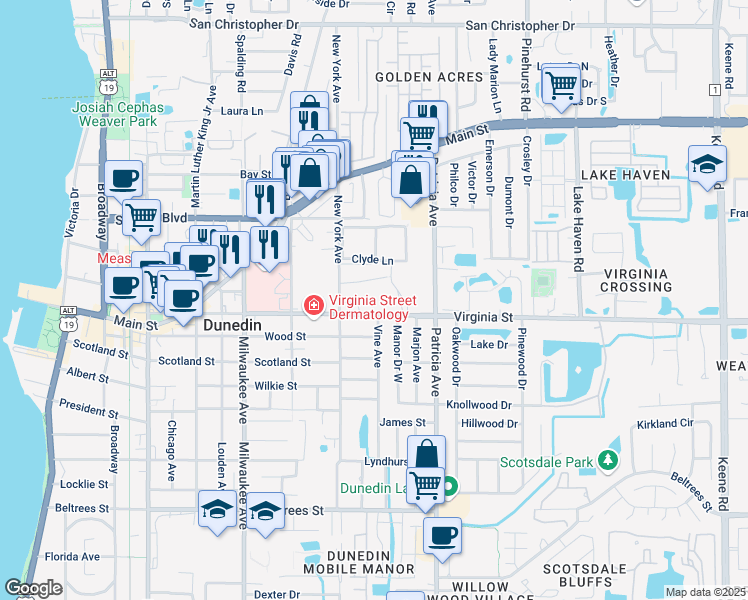 map of restaurants, bars, coffee shops, grocery stores, and more near 860 Virginia Street in Dunedin