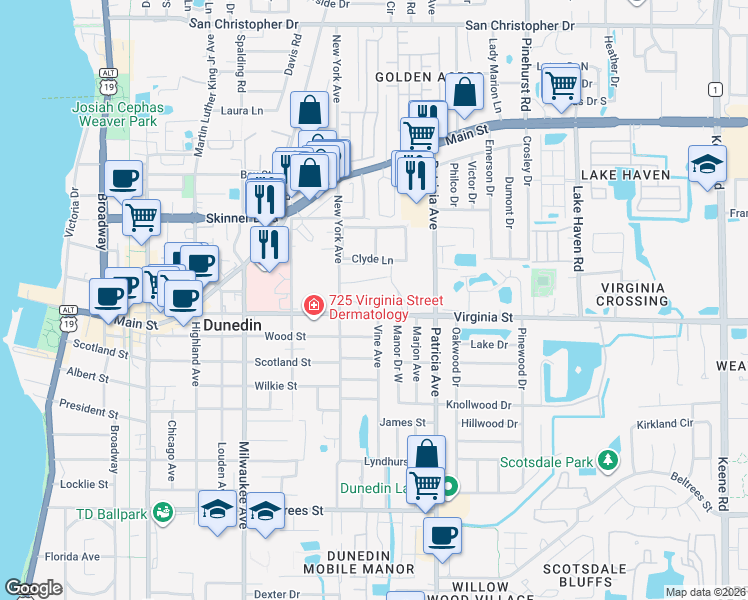 map of restaurants, bars, coffee shops, grocery stores, and more near 860 Virginia Street in Dunedin