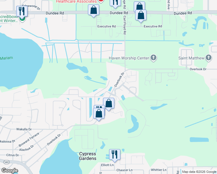 map of restaurants, bars, coffee shops, grocery stores, and more near 1440 Innsbruck Court in Winter Haven