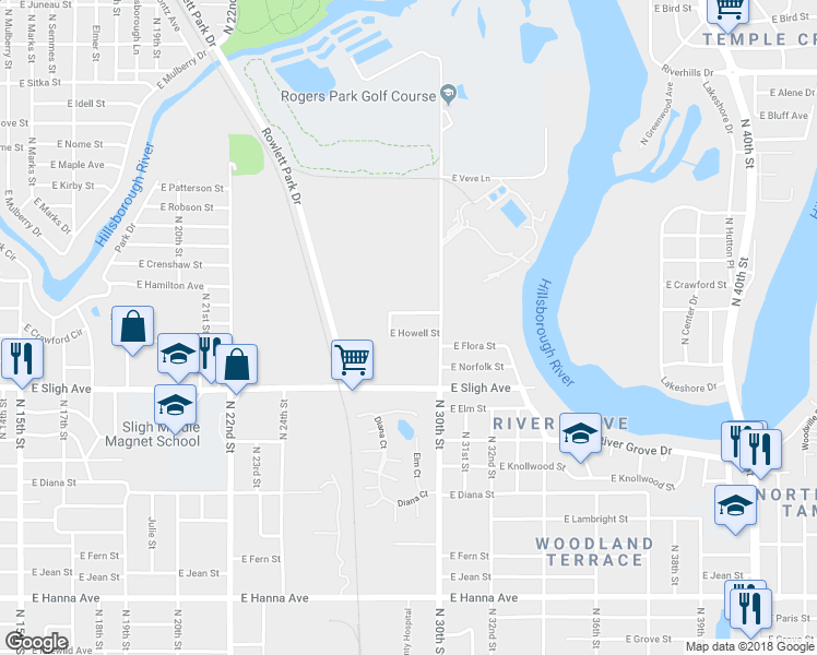 map of restaurants, bars, coffee shops, grocery stores, and more near 2903 East Howell Street in Tampa