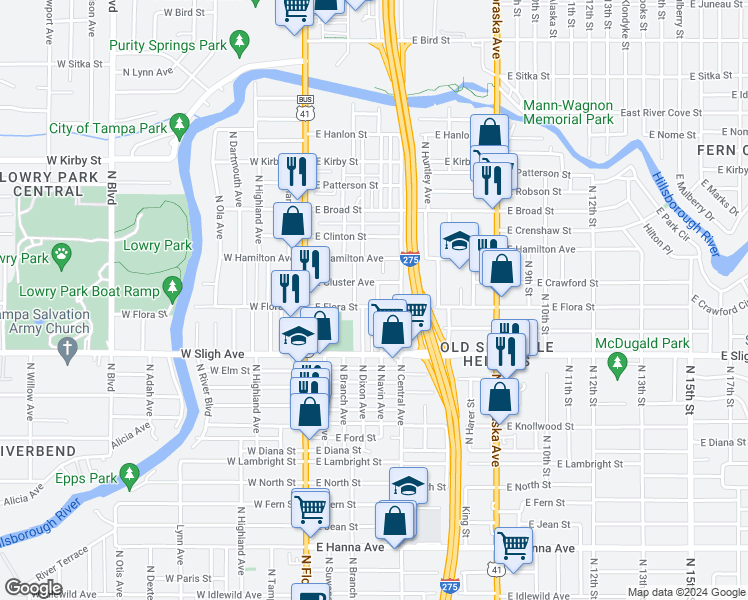 map of restaurants, bars, coffee shops, grocery stores, and more near 308 East Flora Street in Tampa