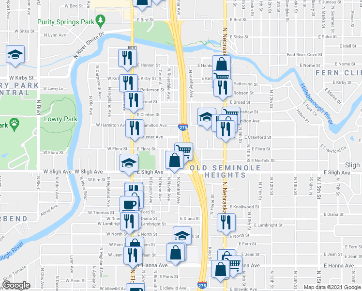 map of restaurants, bars, coffee shops, grocery stores, and more near 7005 North Central Avenue in Tampa