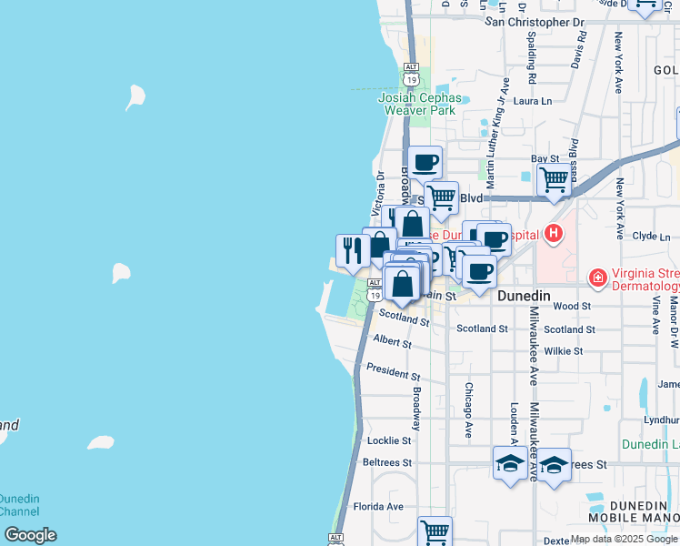 map of restaurants, bars, coffee shops, grocery stores, and more near 107 Marina Plaza in Dunedin