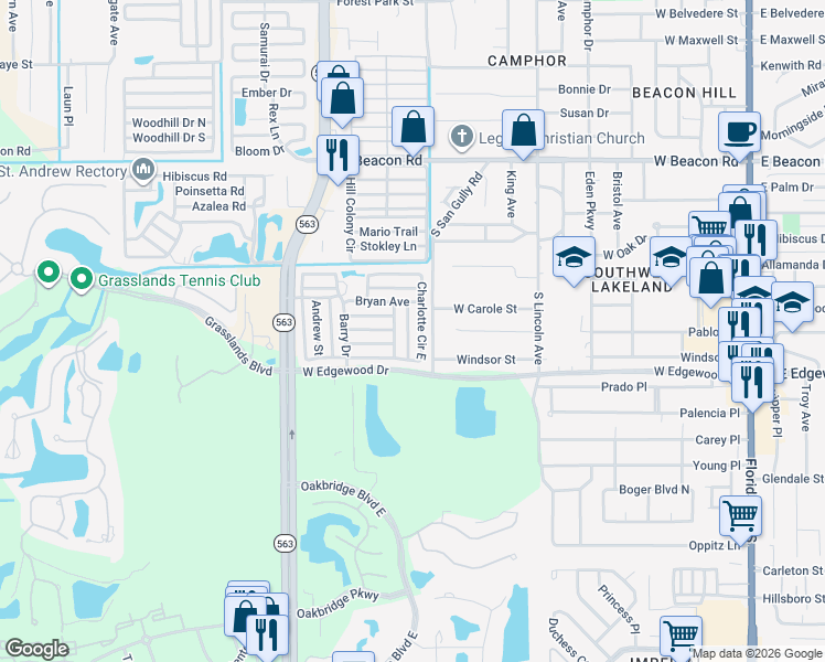 map of restaurants, bars, coffee shops, grocery stores, and more near 316 James Street in Lakeland