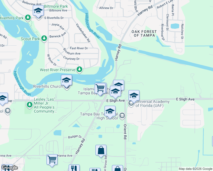 map of restaurants, bars, coffee shops, grocery stores, and more near 7000 Harney Road in Tampa