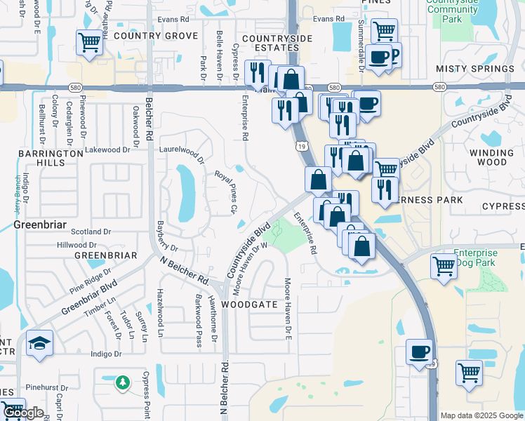 map of restaurants, bars, coffee shops, grocery stores, and more near 2515 Alexander Place in Clearwater