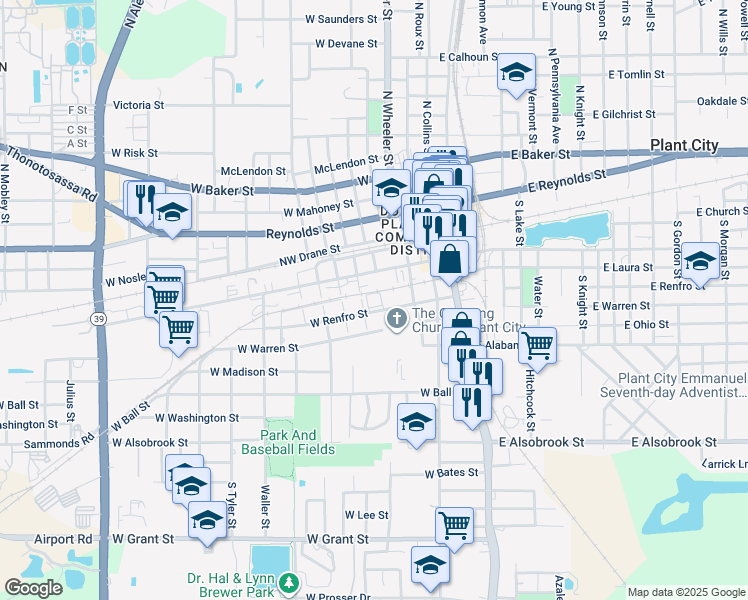 map of restaurants, bars, coffee shops, grocery stores, and more near 305 South Daniels Street in Plant City