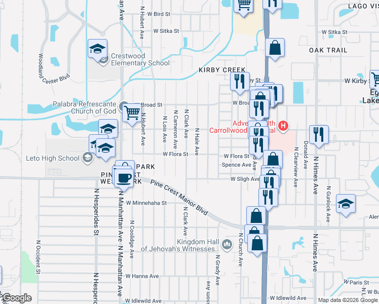 map of restaurants, bars, coffee shops, grocery stores, and more near 7001 North Clark Avenue in Tampa
