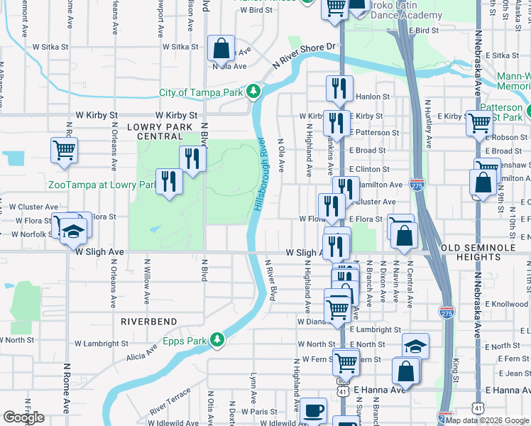 map of restaurants, bars, coffee shops, grocery stores, and more near 408 West Flora Street in Tampa