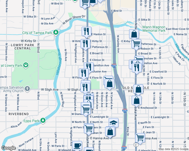 map of restaurants, bars, coffee shops, grocery stores, and more near 110 East Flora Street in Tampa