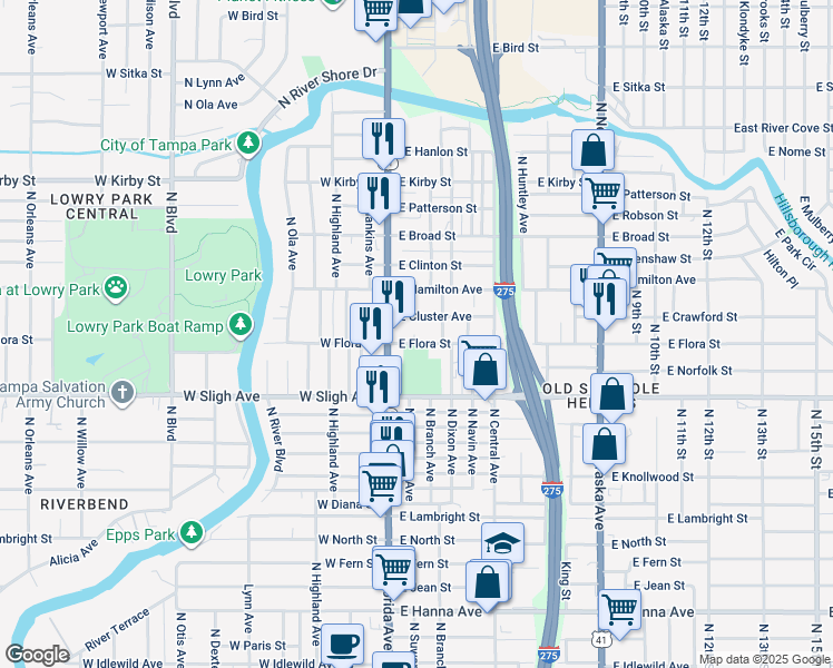 map of restaurants, bars, coffee shops, grocery stores, and more near 110 East Flora Street in Tampa