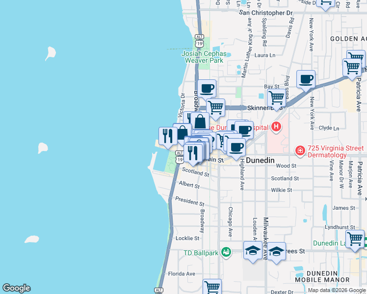 map of restaurants, bars, coffee shops, grocery stores, and more near 200 Main Street in Dunedin