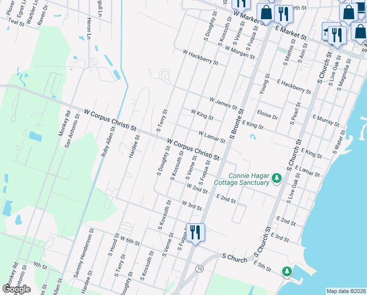 map of restaurants, bars, coffee shops, grocery stores, and more near 911 South Kossuth Street in Rockport