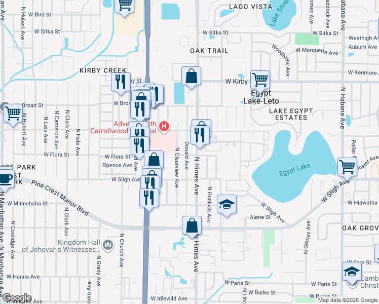 map of restaurants, bars, coffee shops, grocery stores, and more near 3605 West Flora Street in Tampa