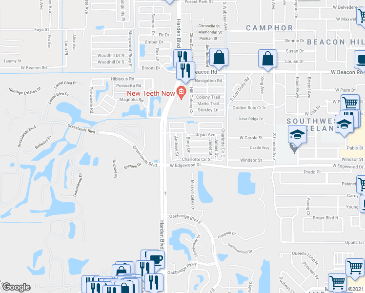 map of restaurants, bars, coffee shops, grocery stores, and more near Matthew Street in Lakeland
