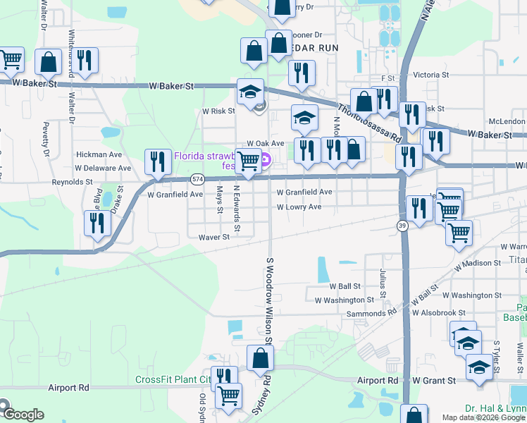 map of restaurants, bars, coffee shops, grocery stores, and more near 2303 West Lowry Avenue in Plant City