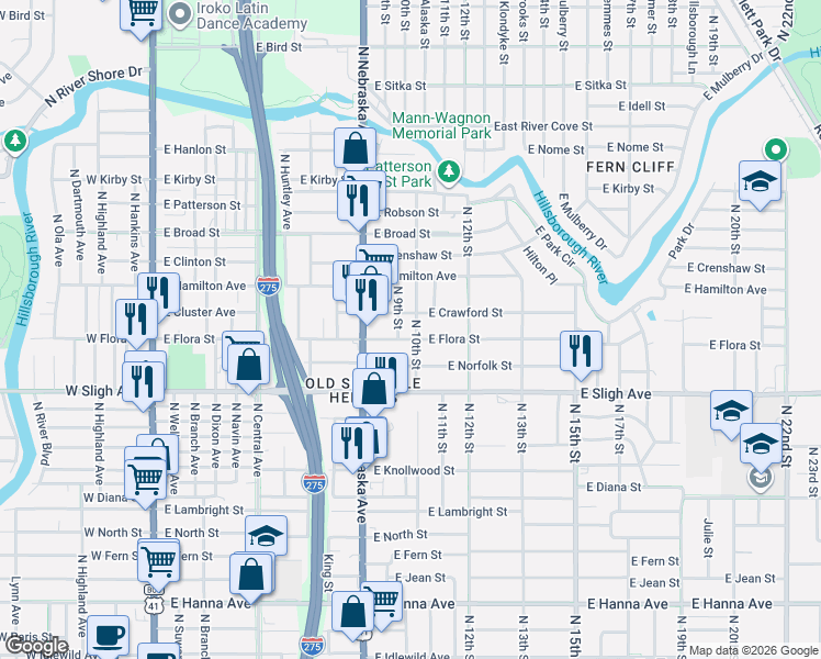 map of restaurants, bars, coffee shops, grocery stores, and more near 7101 North 10th Street in Tampa