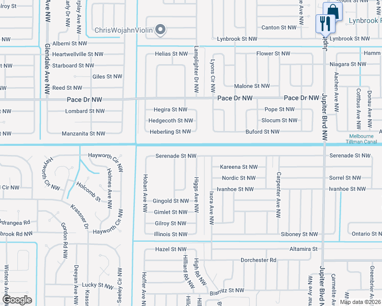 map of restaurants, bars, coffee shops, grocery stores, and more near 1255 Serenade Street Northwest in Palm Bay