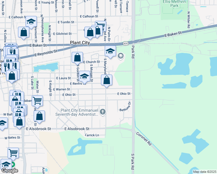 map of restaurants, bars, coffee shops, grocery stores, and more near 1603 East Warren Street in Plant City