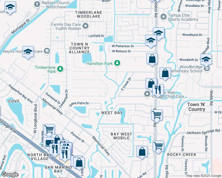map of restaurants, bars, coffee shops, grocery stores, and more near 6807 West Creek Drive in Tampa