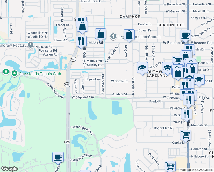map of restaurants, bars, coffee shops, grocery stores, and more near 2826 South San Gully Road in Lakeland