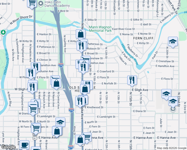 map of restaurants, bars, coffee shops, grocery stores, and more near 7106 North 10th Street in Tampa