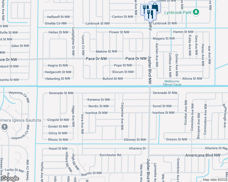 map of restaurants, bars, coffee shops, grocery stores, and more near 1101 Serenade Street Northwest in Palm Bay