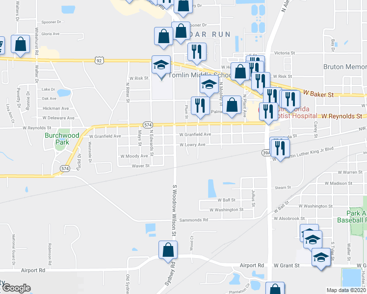 map of restaurants, bars, coffee shops, grocery stores, and more near 2201 West Lowry Avenue in Plant City