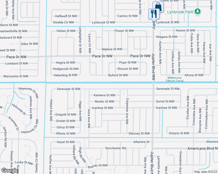 map of restaurants, bars, coffee shops, grocery stores, and more near 1133 Serenade Street Northwest in Palm Bay