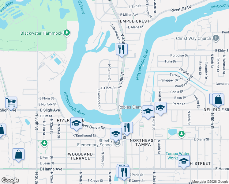 map of restaurants, bars, coffee shops, grocery stores, and more near 7014 North Palmetto Lane in Tampa