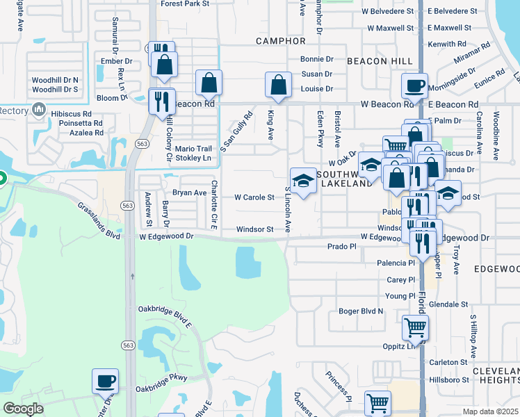 map of restaurants, bars, coffee shops, grocery stores, and more near 847 Castle Way in Lakeland