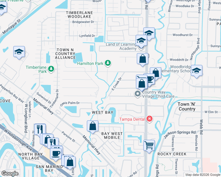 map of restaurants, bars, coffee shops, grocery stores, and more near 6816 East Creek Drive in Tampa
