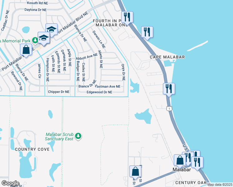 map of restaurants, bars, coffee shops, grocery stores, and more near 3266 Edgewood Drive Northeast in Palm Bay