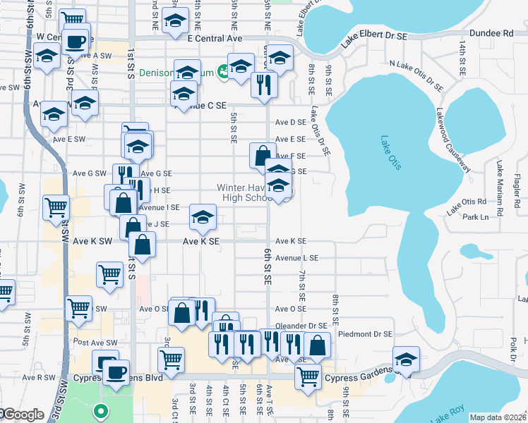 map of restaurants, bars, coffee shops, grocery stores, and more near 598 Avenue J Southeast in Winter Haven