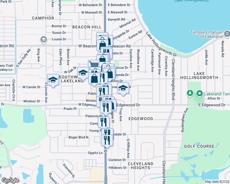 map of restaurants, bars, coffee shops, grocery stores, and more near 328 East Edgewood Drive in Lakeland