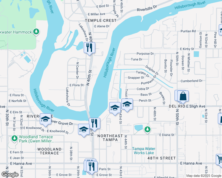 map of restaurants, bars, coffee shops, grocery stores, and more near 7176 East Bank Drive in Tampa