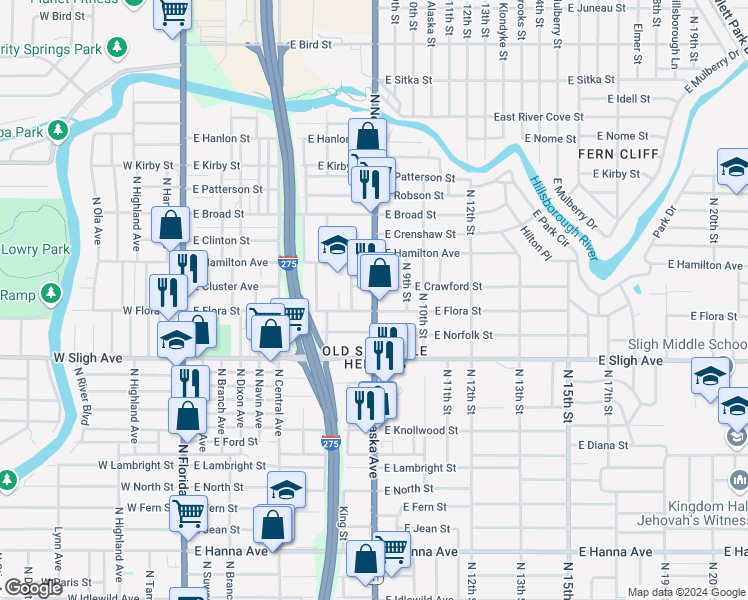 map of restaurants, bars, coffee shops, grocery stores, and more near 821 East Flora Street in Tampa