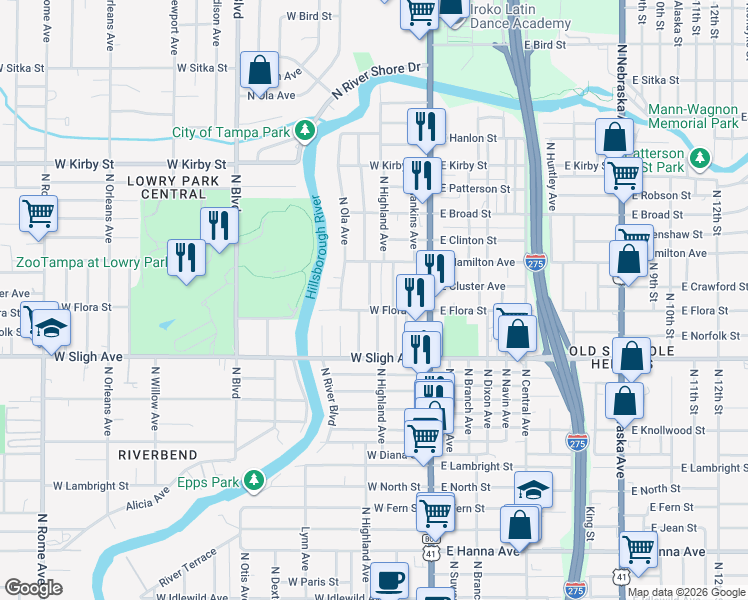 map of restaurants, bars, coffee shops, grocery stores, and more near 301 West Flora Street in Tampa