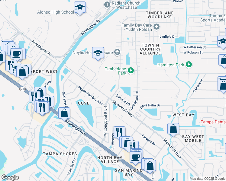 map of restaurants, bars, coffee shops, grocery stores, and more near 6710 Willow Spring Court in Tampa
