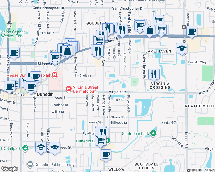 map of restaurants, bars, coffee shops, grocery stores, and more near 938 Virginia Street in Dunedin