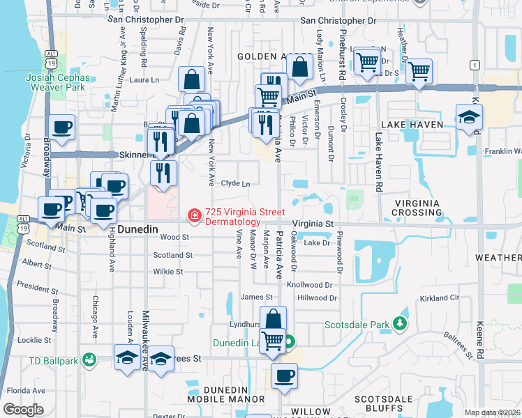 map of restaurants, bars, coffee shops, grocery stores, and more near 820 Patricia Avenue in Dunedin