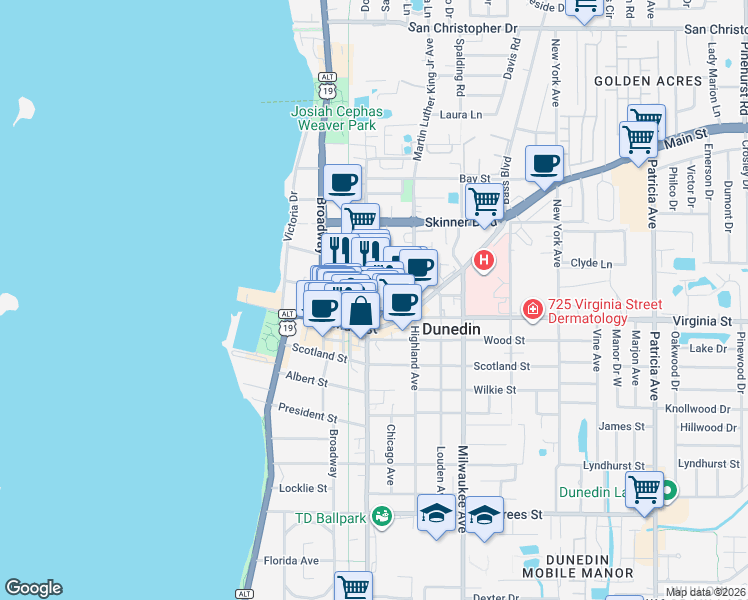 map of restaurants, bars, coffee shops, grocery stores, and more near 428 Virginia Lane in Dunedin