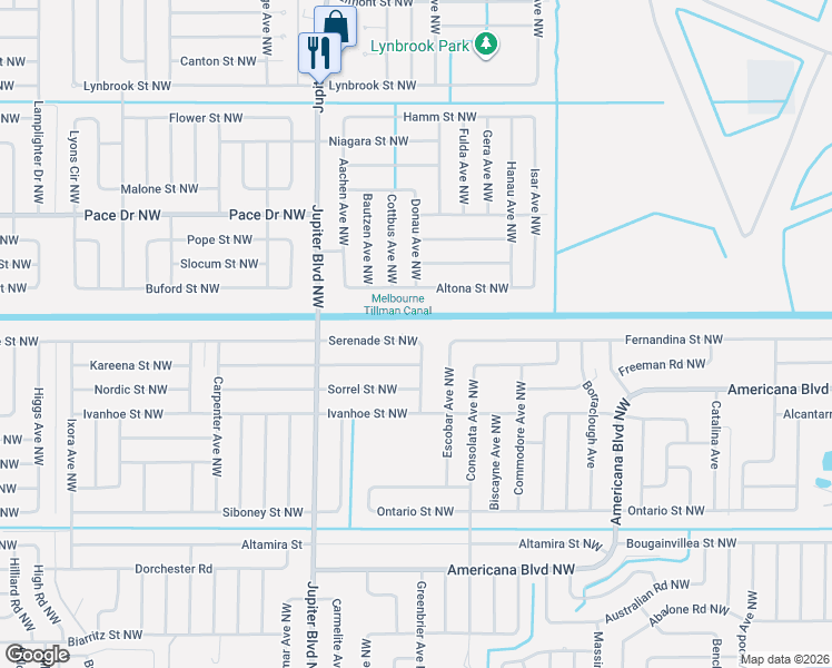 map of restaurants, bars, coffee shops, grocery stores, and more near 591 Adventure Avenue Northwest in Palm Bay